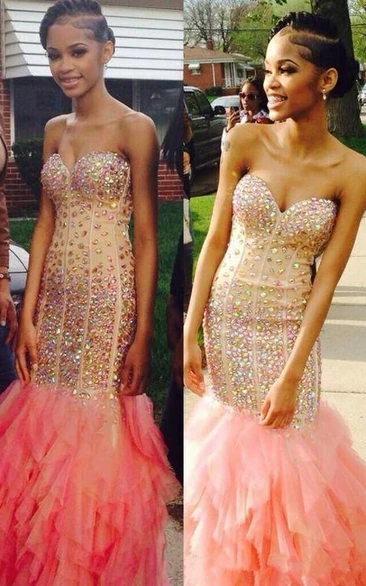 Sexy Crystals Ruffles Pink Prom Dress Sweetheart Sleeveless Mermaid