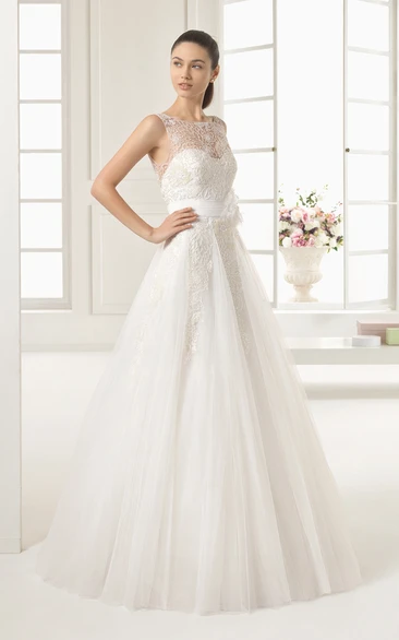 A-Line Tulle Dress With Flower Decorated Belt