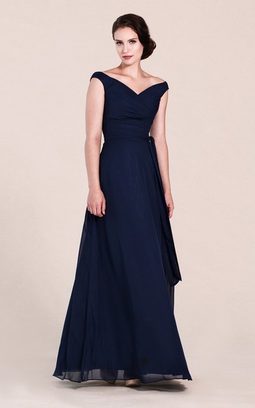 Off-shoulder A-line Chiffon Gown With V-back