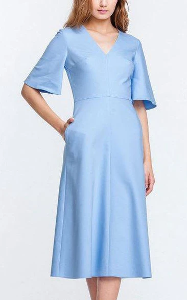 V Neck Bell Sleeve A-line Satin Knee Length Dress Blue