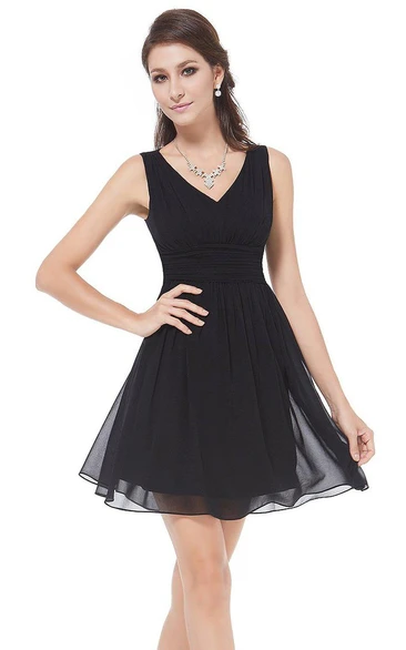 Sleeveless V-neck A-line Short Ruched Chiffon Dress