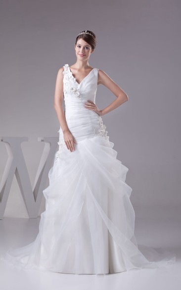 Ethereal V-Neck Ruched A-Line Dress With Flower and Tulle Overlay
