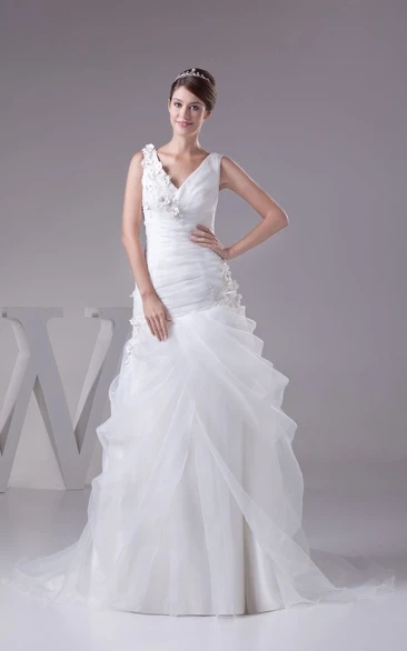 Ethereal V-Neck Ruched A-Line Dress With Flower and Tulle Overlay