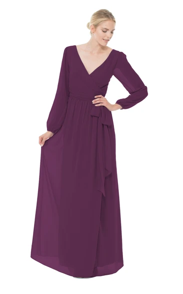 V-Neck Long-Chiffon Dress With Long Sleeves