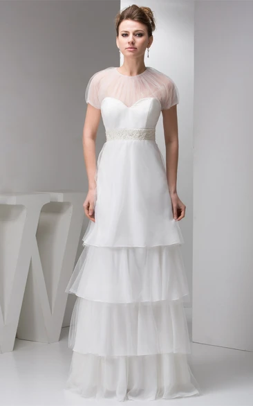 Mini-Sleeve Tiered A-Line Tulle Beaded Waist and Dress With Illusion