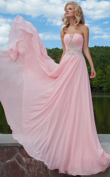 Ruched Strapless Sleeveless Long Chiffon Prom Dress With Beading