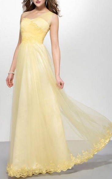 Modern A-line Floor-length One-shoulder Appiques Zipper-up Prom Dress