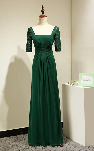 Backless Lace Half Sleeve Pleated A-line Chiffon Long Dress Emerald Green