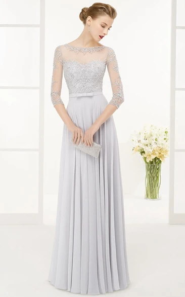 A-Line Beaded 3-4-Sleeve Floor-Length Jewel-Neck Chiffon Prom Dress