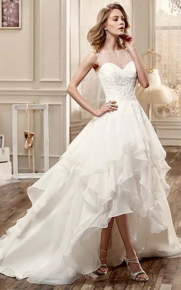 Jewel-Neck High-Low Wedding Dress With Cascading Ruffles And Beaded Bodice