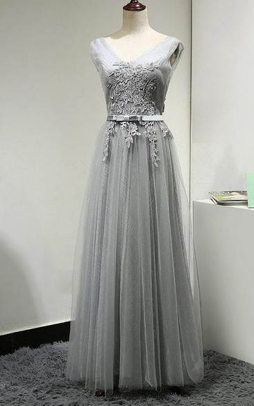 V Neck V Back Cap Sleeve A-line Pleated Tulle Long Dress With Applique and Belt