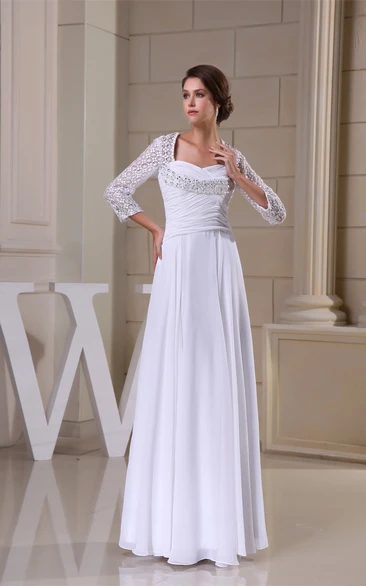 Long-Sleeve Pleated Criss-Cross Keyhole Back and Dress With Appliques