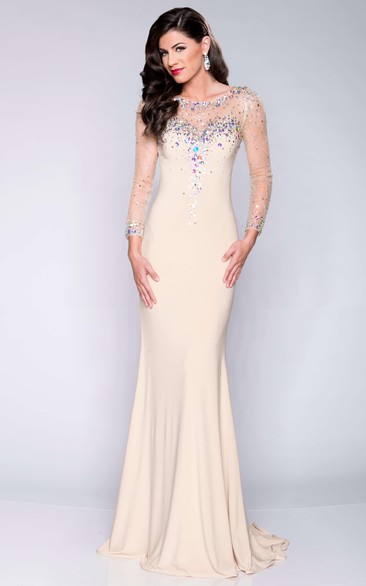 Long Sleeve Sheath Jersey Prom Dress With Sequins And Keyhole