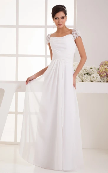 Caped-Sleeve Floor-Length Chiffon Pleats and Dress With Ruching