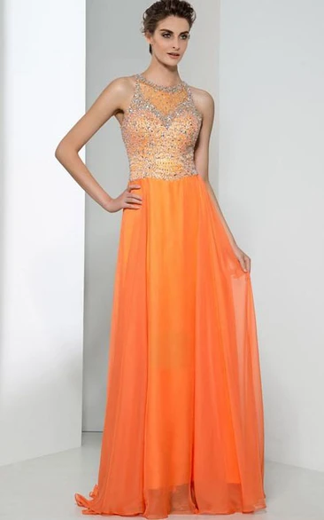 Jewel Neck Beading Sequins Prom Dress