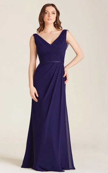 Floor-Length V-Neck Sleeveless Criss-Cross Chiffon Bridesmaid Dress