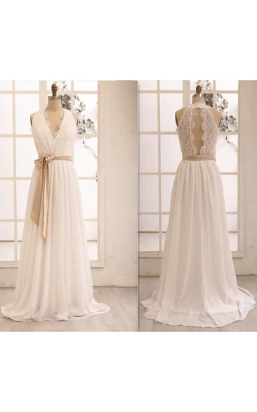 Knee-Length Halter Keyhole Chiffon Lace Dress