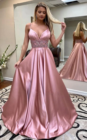 Romantic Satin A Line Spaghetti Sleeveless Evening Dress With Straps Beading