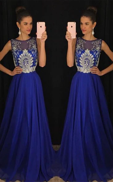 Gorgeous Dark Royal Blue Sleeveless Evening Dresses Long Chiffon With Appliques Beadings