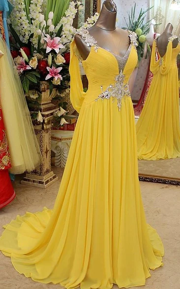 A-line Straps Sleeveless Beading Sweep Train Chiffon Dresses