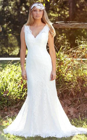 Trumpet Floor-Length Sleeveless V-Neck Lace Wedding Dress With V Back