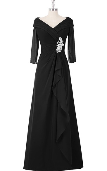 Half-sleeved A-line Long Dress With Ruffles and Appliques