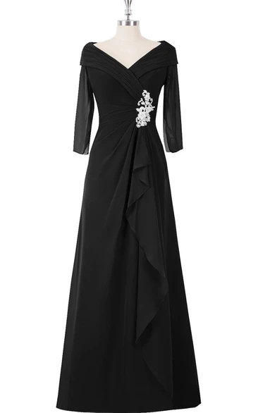 Half-sleeved A-line Long Dress With Ruffles and Appliques