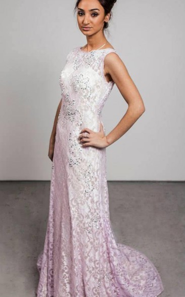 Modern Jewel Sleeveless Lace Evening Dress Sweep Train