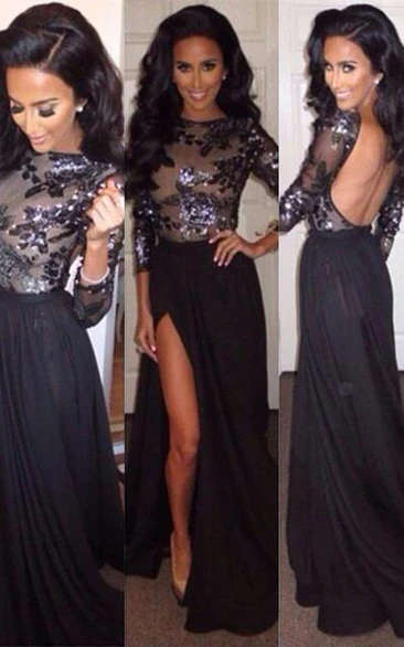 Sexy Chiffon Black Front Split Prom Dress Sequins Backless
