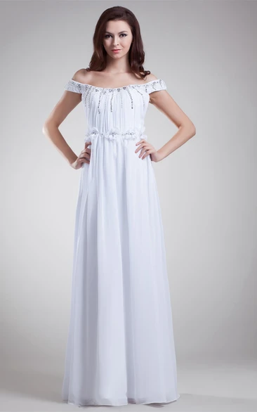 Off-The-Shoulder Pleated Chiffon Beading and Dress With Flower