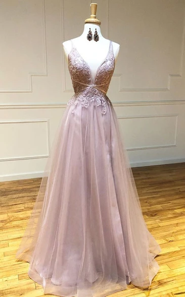 Modern Sleeveless Floor-length Lace A Line Prom Dress with Appliques