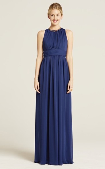 Impressive Long-Chiffon Sleeveless Jewel-Neck Dress