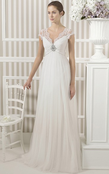 V-Neck Cap Sleeve Appliqued Empire Tulle Wedding Dress