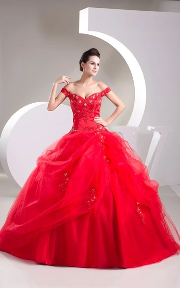 Off-The-Shoulder Ruffled Corset Back and Ball-Gown With Appliques