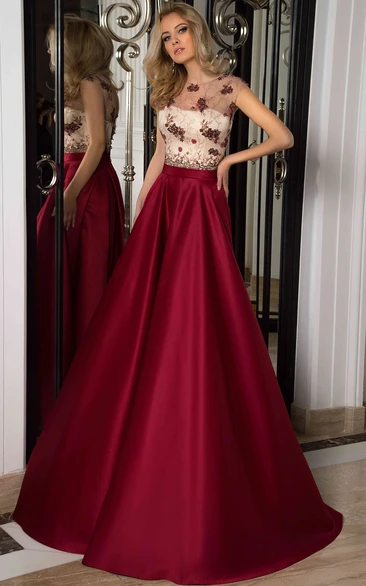 A-Line Scoop Cap-Sleeve Floor-Length Lace Satin Prom Dress With Lace-Up Back And Appliques