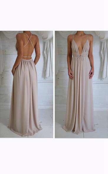 Sleeveless V-neck Long Chiffon Dress with Pleats