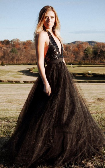 Halter Backless Tulle Dress With Sequins