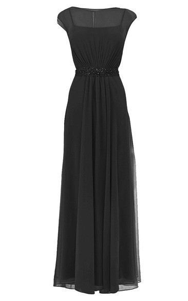 Cap-sleeved Chiffon Gown With Illusion Bodice and Bow