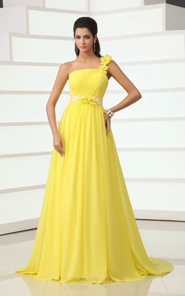 Wonderful Floral One-Shoulder A-Line Chiffon Gown Has Floral Sash