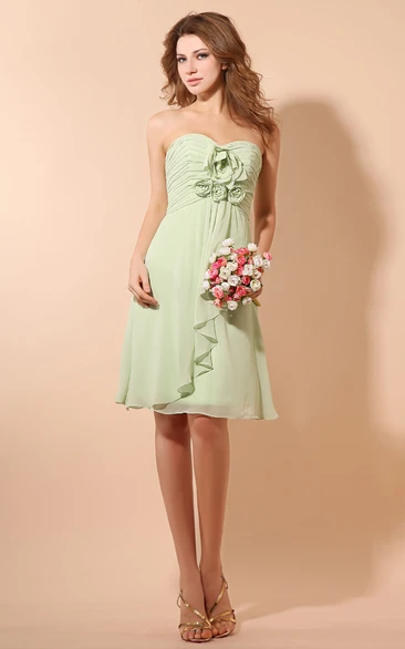 Ethereal Short Chiffon Dress With Ruching and Flower