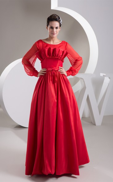 Long-Sleeve A-Line Maxi Pleats and Gown With Bow