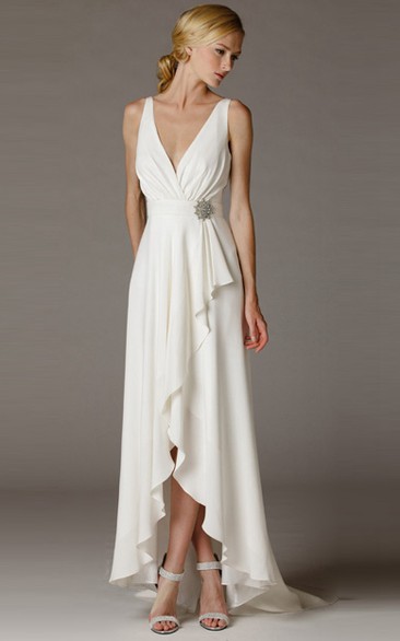 High-Low V-Neck Ruched Draped Chiffon Wedding Dress With Brush Train And V Back