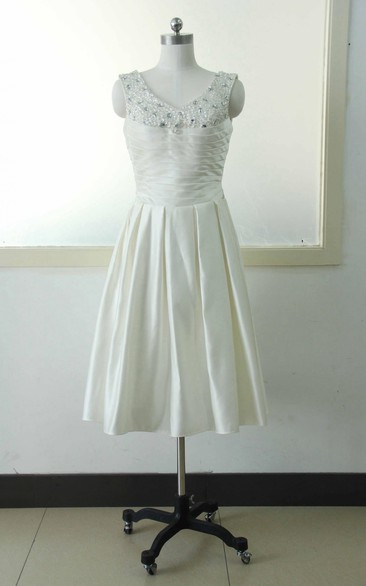 A-Line Tea-Length V-Neck Sleeveless Beading Flower Zipper Corset Back Chiffon Tulle Lace Sequins Satin Dress