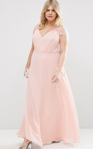 Sheath V-Neck Cap-Sleeve Long Chiffon Bridesmaid Dress With Illusion