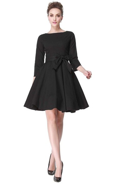 Bateau Neck A-line Knee-length Dress with Pleats