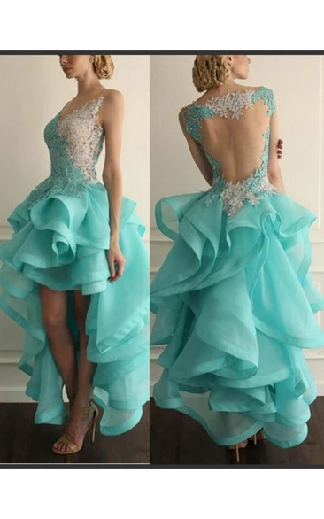 Sexy Hi-Lo Sleeveless Prom Dress With Appliques Ruffles