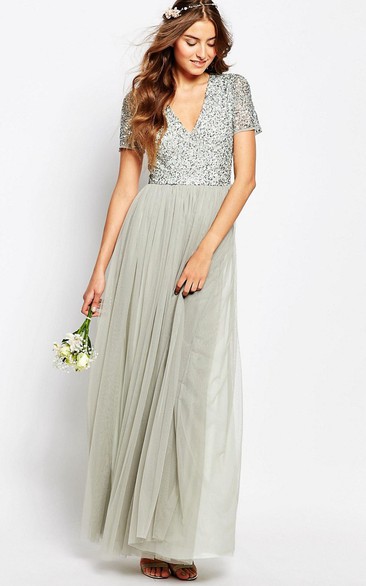 A-Line V-Neck Floor-Length Beaded Short-Sleeve Chiffon Bridesmaid Dress With Pleats