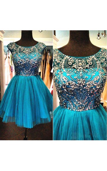 Cap Sleeve Jewel Neck Short Tulle Dress With Beading 