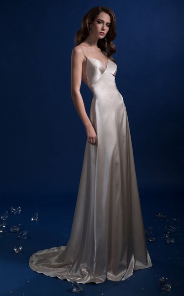 A-Line Long V-Neck Sleeveless Backless Satin Dress