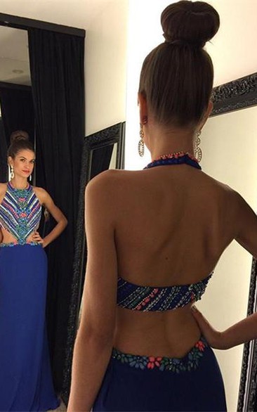 Sexy Halter Colorful Crystals Evening Dress Sweep Train Sleeveless